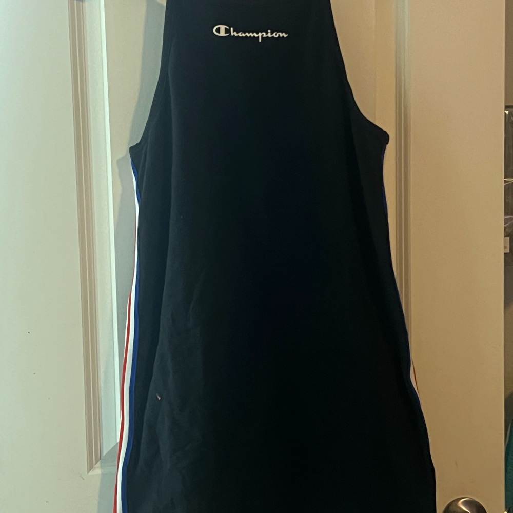 Champion Black Dress with Red and Blue Stripes